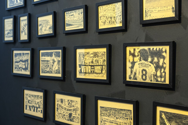 Borga Kantürk, "Close Ranks," 2009-2011. Installation, 34 framed drawings. Installation view from sevennovembertwothousandandtwelve, Hasköy Yan Factory, Istanbul, 2012. Photo by Rıdvan Bayrakoğlu.