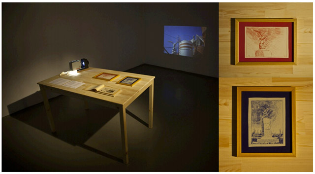 Borga Kantürk, "Seagull with Glasses", 2011. Installation with slide projector, projected photograph, two framed drawings (20 x 25 cm), 2 texts (on A4-sized paper), found caricature album, wood table.  