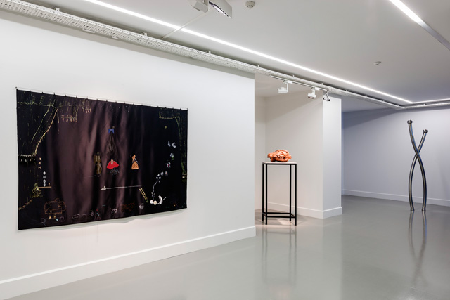 Left to right: Nilbar Güreş, "Twin Goddess: The Sketch of an Encounter", 2012. Aslı Çavuşoğlu, "Gordian Knot", 2013. Şener Özmen, "Pole Escaping Its Flag", 2012. Installation view: "Envy, Enmity, Embarrassment", Arter, 2013. Photo by Murat Germen. 