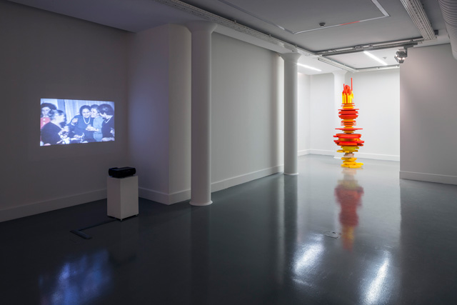 Left to right: Hera Büyüktaşçıyan, "Terk-i Dünya", 2012. Mahir Yavuz, "Totem #1: Enmity 2012", 2013 Installation view: "Envy, Enmity, Embarrassment", Arter, 2013. Photo by Murat Germen. 
