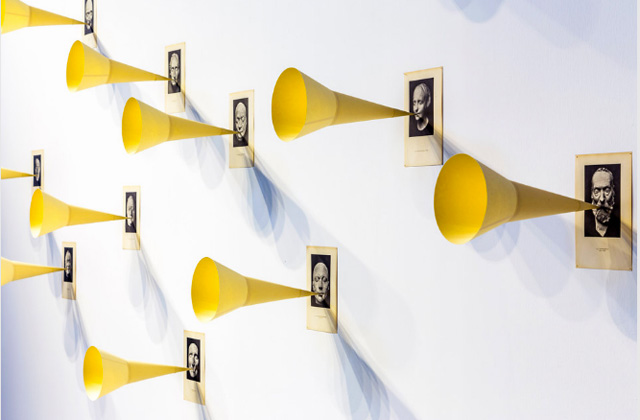 David Moreno, Silence, 1995-2012. Found book pages and paper horns. Dimensions variable. Photo by Servet Dilber. 