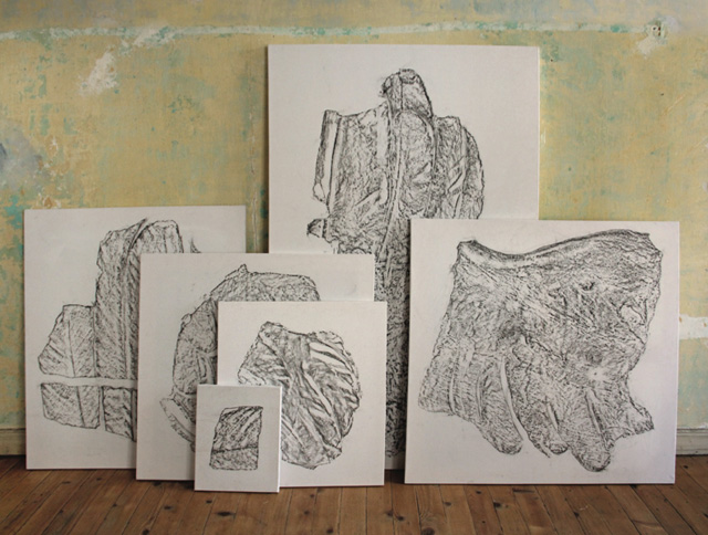 (Upper left) A 1/10 Styrofoam print made from the 3-D scan of the wing (This page) Charcoal rubbings of the wing fragments on fabric from Áncora Street. 