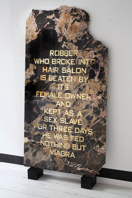 Joana Kohen, A ROBBER WHO BROKE INTO HAIR SALON IS BEATEN BY ITS FEMALE OWNER AND KEPT AS A SEX SLAVE FOR THREE DAYS HE WAS FED NOTHING BUT VIAGRA, 2014. 83.5x159x2cm.