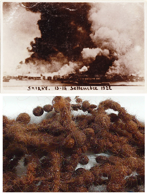 (above) Sibel Horada, archived image from the Fire Chronicles, 2012 (below) Sibel Horada, detail from Continuous Monument, 2002-… Photo by Sibel Horada.  