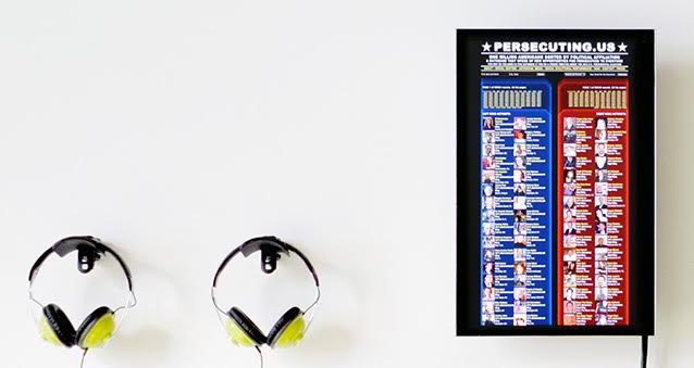 Paolo Cirio, Persecuting US, 2012. Mixed media and audio installation, 2000 hour-long track. 